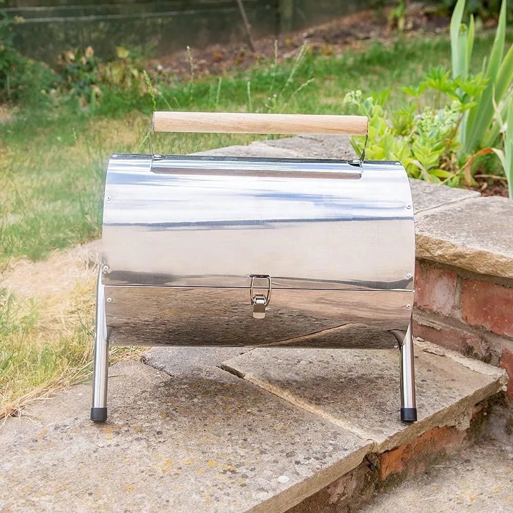 Lifestyle Explorer portable charcoal bbq LFS105 stainless steel cylindrical grill with wooden handle and four metal legs