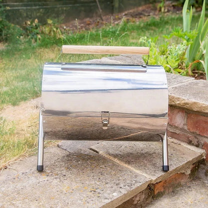 Lifestyle Explorer portable charcoal bbq LFS105 stainless steel cylindrical grill with wooden handle and four metal legs
