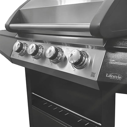 Lifestyle grenada 4+1 gas bbq grill lfs688blk stainless steel and black with four control knobs for outdoor cooking
