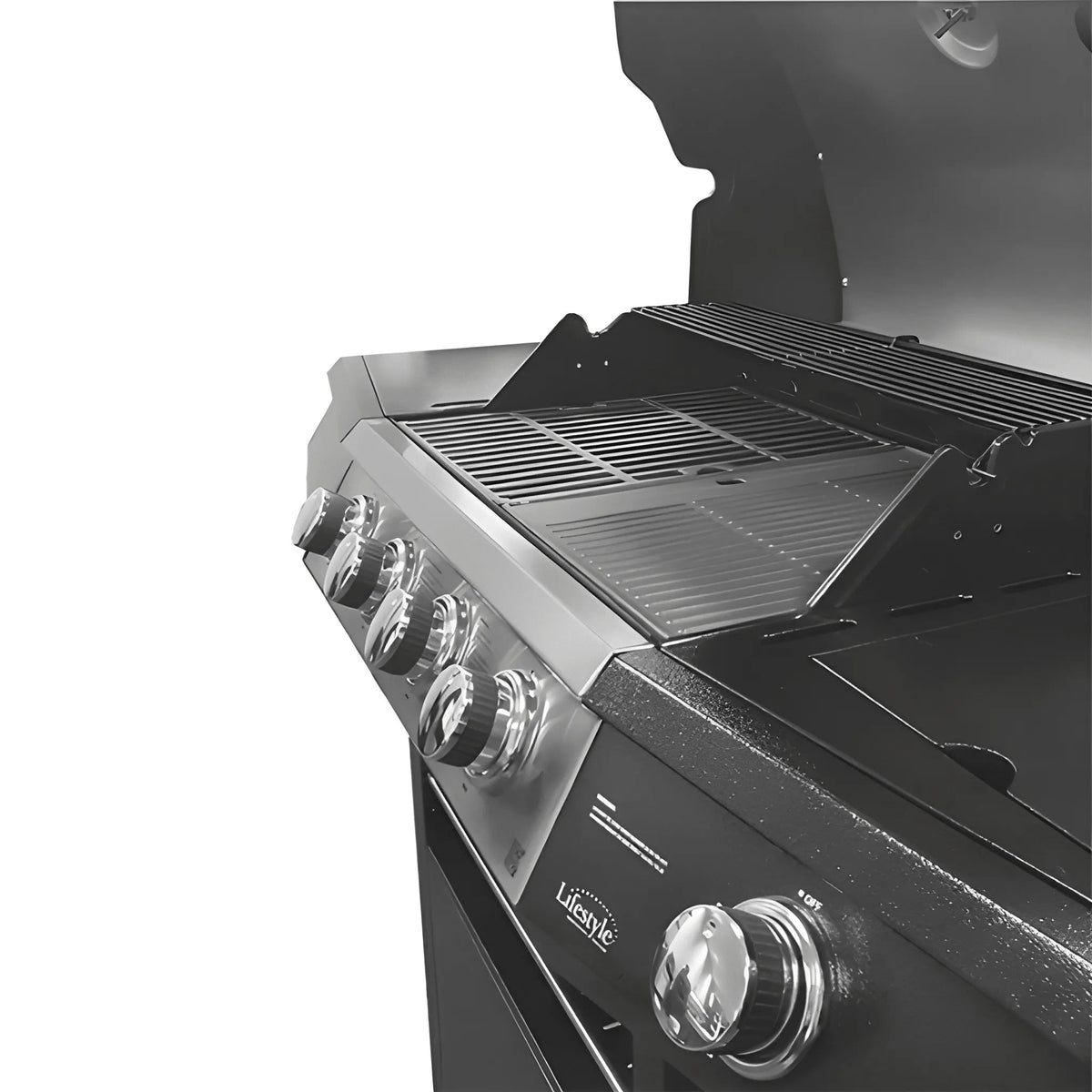 Lifestyle Grenada 4+1 black stainless steel gas BBQ grill with four control knobs and spacious grilling surface