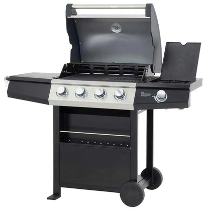 Lifestyle Grenada 4 plus 1 gas BBQ grill black with stainless steel panel four burners cast iron grates and side shelves
