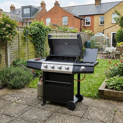 Lifestyle Grenada 4+1 black and silver gas BBQ grill with four control knobs and a side shelf for outdoor cooking