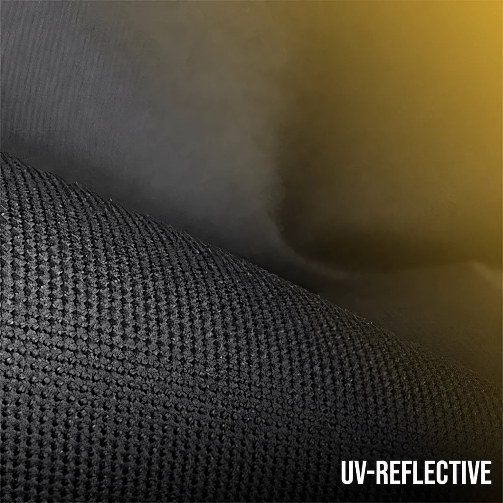 Lifestyle premium 3/4 burner hooded bbq cover in black uv-reflective mesh fabric with textured woven pattern