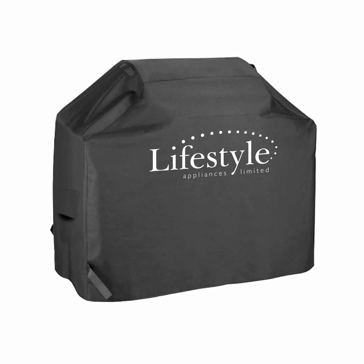 Black fabric grill cover with white lifestyle appliances limited logo for lifestyle premium 3/4 burner hooded bbq