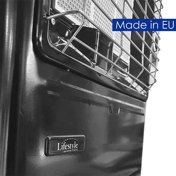 Lifestyle radiant indoor cabinet heater black matte finish with chrome wire grille and lifestyle brand emblem