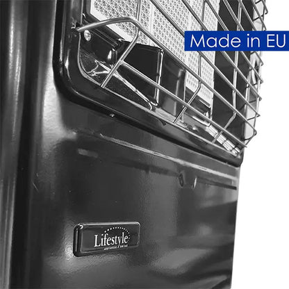 Lifestyle radiant indoor cabinet heater black matte finish with chrome wire grille and lifestyle brand emblem