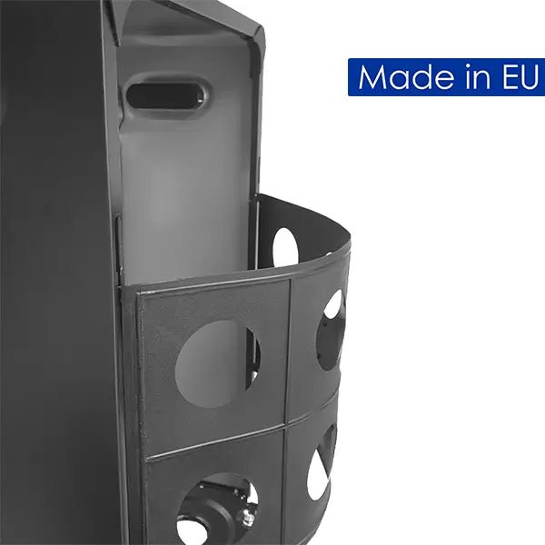 Black metal speaker stand with circular cutouts and handle on top for lifestyle radiant indoor cabinet heater 4.2 kw