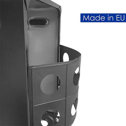 Black metal speaker stand with circular cutouts and handle on top for lifestyle radiant indoor cabinet heater 4.2 kw