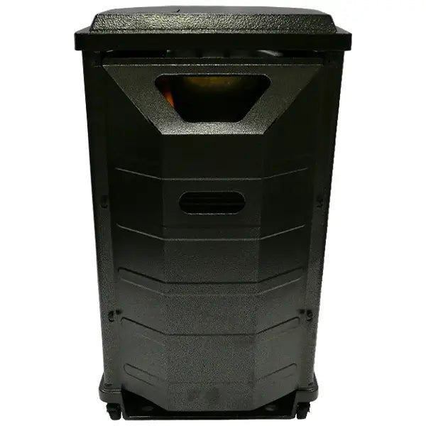 Black rugged outdoor trash can with textured plastic body and integrated wheels for durable waste disposal