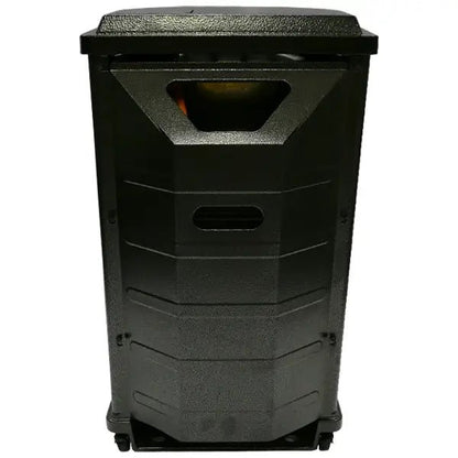 Black rugged outdoor trash can with textured plastic body and integrated wheels for durable waste disposal
