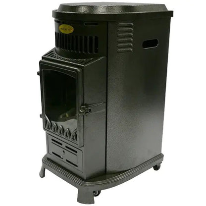 Lifestyle Serenta black cast iron wood-burning stove with glass door and decorative grillwork 3.4 kW real flame heater