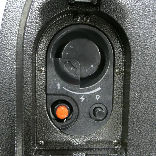 Black textured control panel with circular dial orange power button and two knobs on lifestyle serenta real flame cabinet heater 3.4 kw
