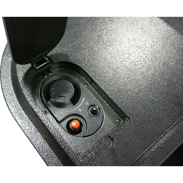 Black textured control panel with circular dial orange button and knob on lifestyle serenta real flame cabinet heater 3.4 kw