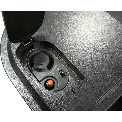Black textured control panel with circular dial orange button and knob on lifestyle serenta real flame cabinet heater 3.4 kw
