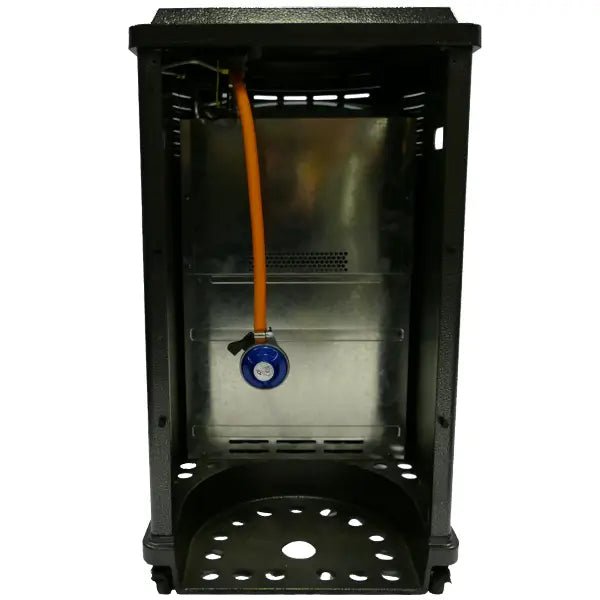 Lifestyle serenta real flame cabinet heater with black metal gas grill, blue regulator, and orange hose for outdoor heating