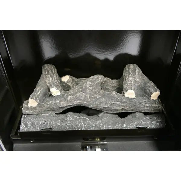 Lifestyle serenta real flame cabinet heater showing gray faux wood logs with realistic bark and light ends for fireplace use