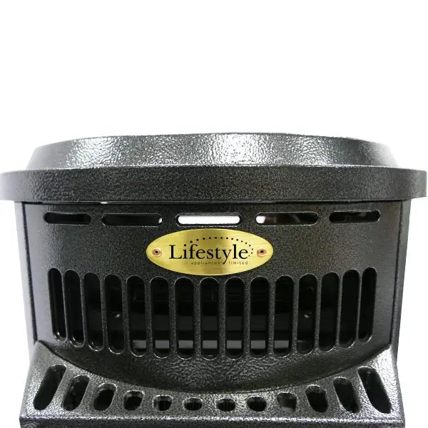 Black cast iron lifestyle serenta real flame cabinet heater with gold lifestyle appliances limited emblem front view