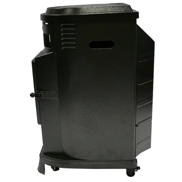 Lifestyle serenta real flame black cast iron patio heater with textured surface side vents and caster wheels