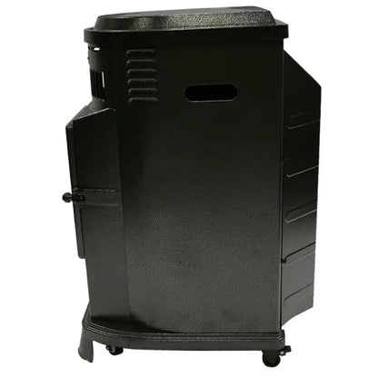 Lifestyle serenta real flame black cast iron patio heater with textured surface side vents and caster wheels