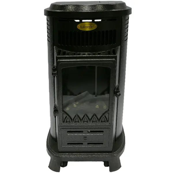 Black cast iron lifestyle serenta real flame cabinet heater wood burning stove with decorative glass door and vented top