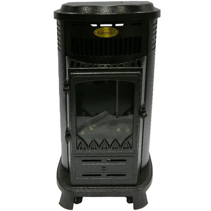 Black cast iron lifestyle serenta real flame cabinet heater wood burning stove with decorative glass door and vented top