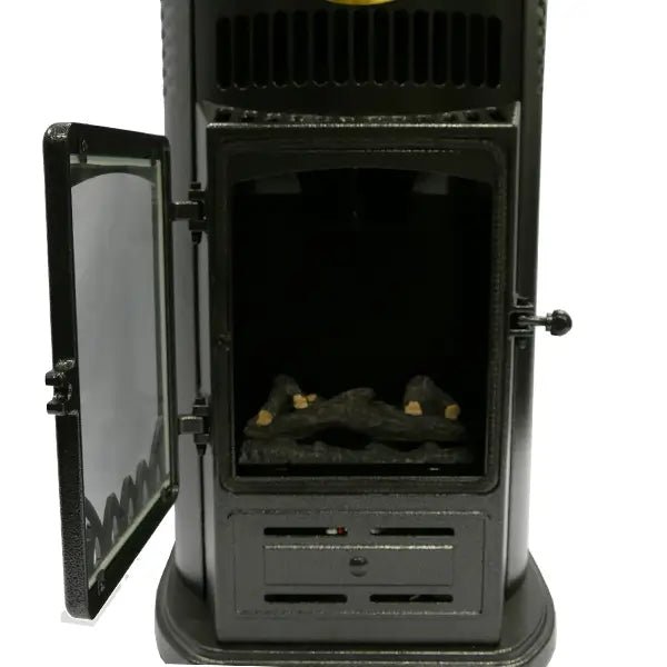 Lifestyle serenta real flame cabinet heater is a black cast iron wood-burning stove with glass door and faux logs inside