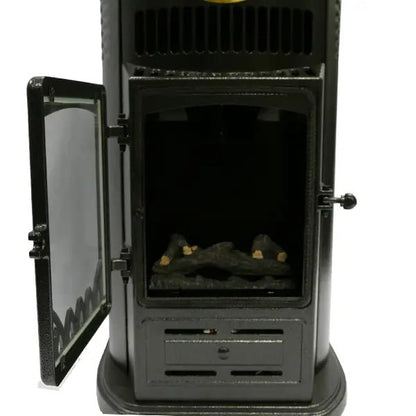 Lifestyle serenta real flame cabinet heater is a black cast iron wood-burning stove with glass door and faux logs inside