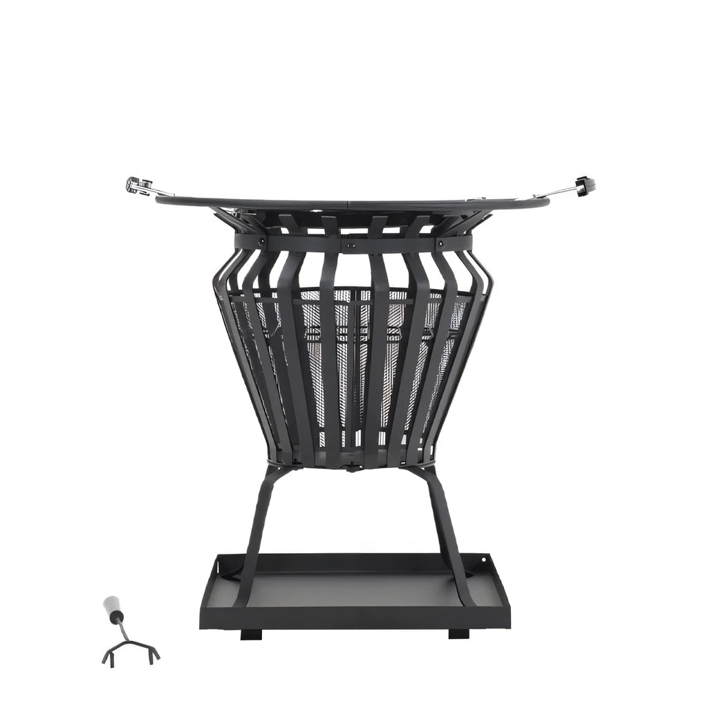Black metal lifestyle signa firepit brazier with mesh design and sturdy base for outdoor grilling and warmth