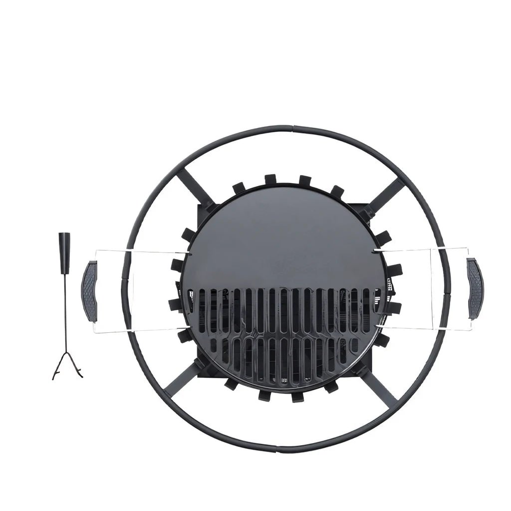 Black circular Lifestyle Signa firepit brazier with grilling grate and side handles for outdoor cooking