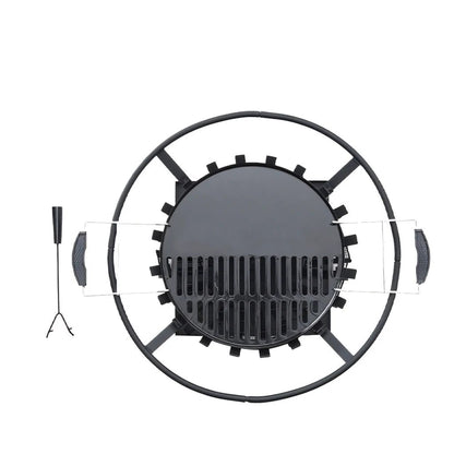 Black circular Lifestyle Signa firepit brazier with grilling grate and side handles for outdoor cooking