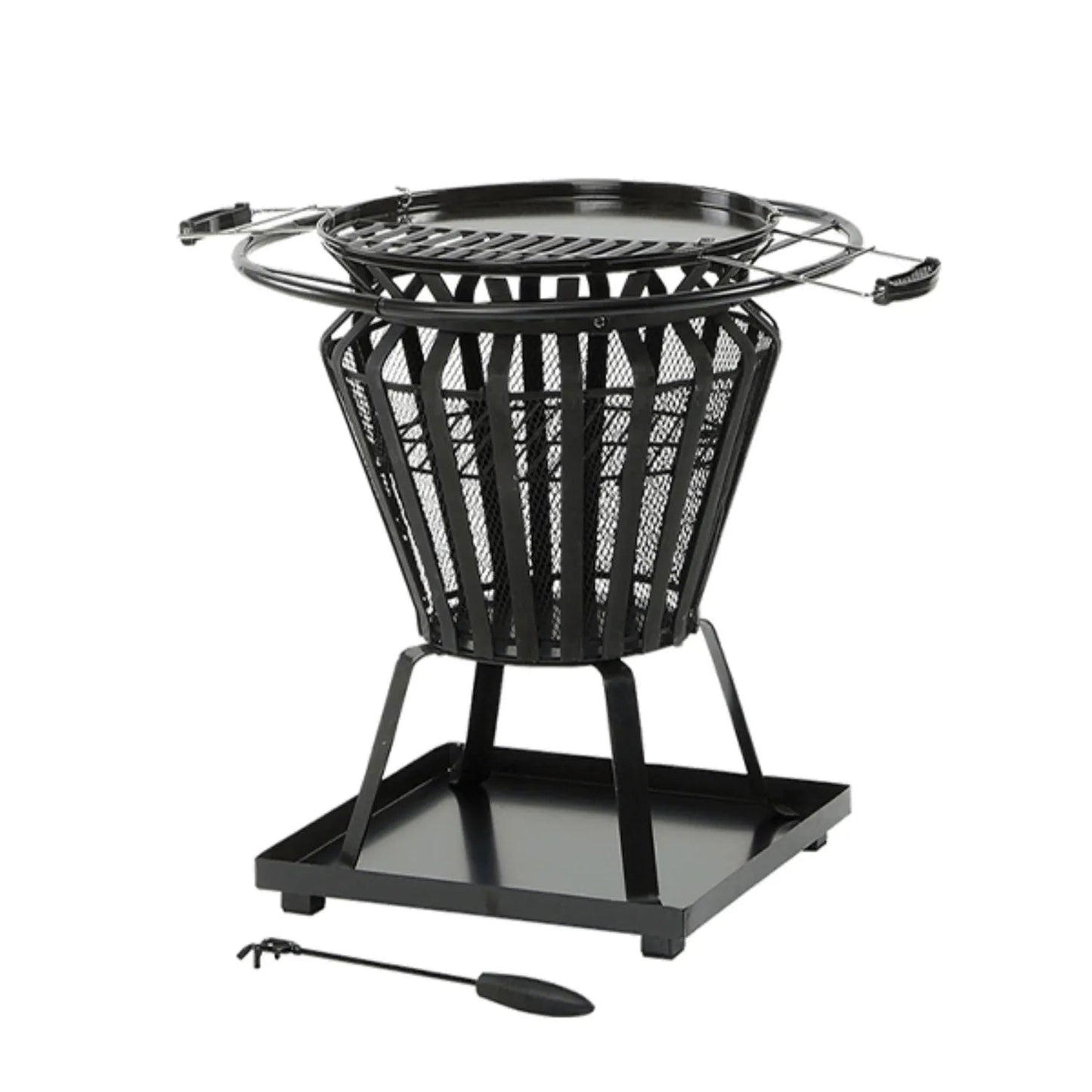 Black metal lifestyle signa firepit brazier with mesh basket design and circular grill top for outdoor cooking