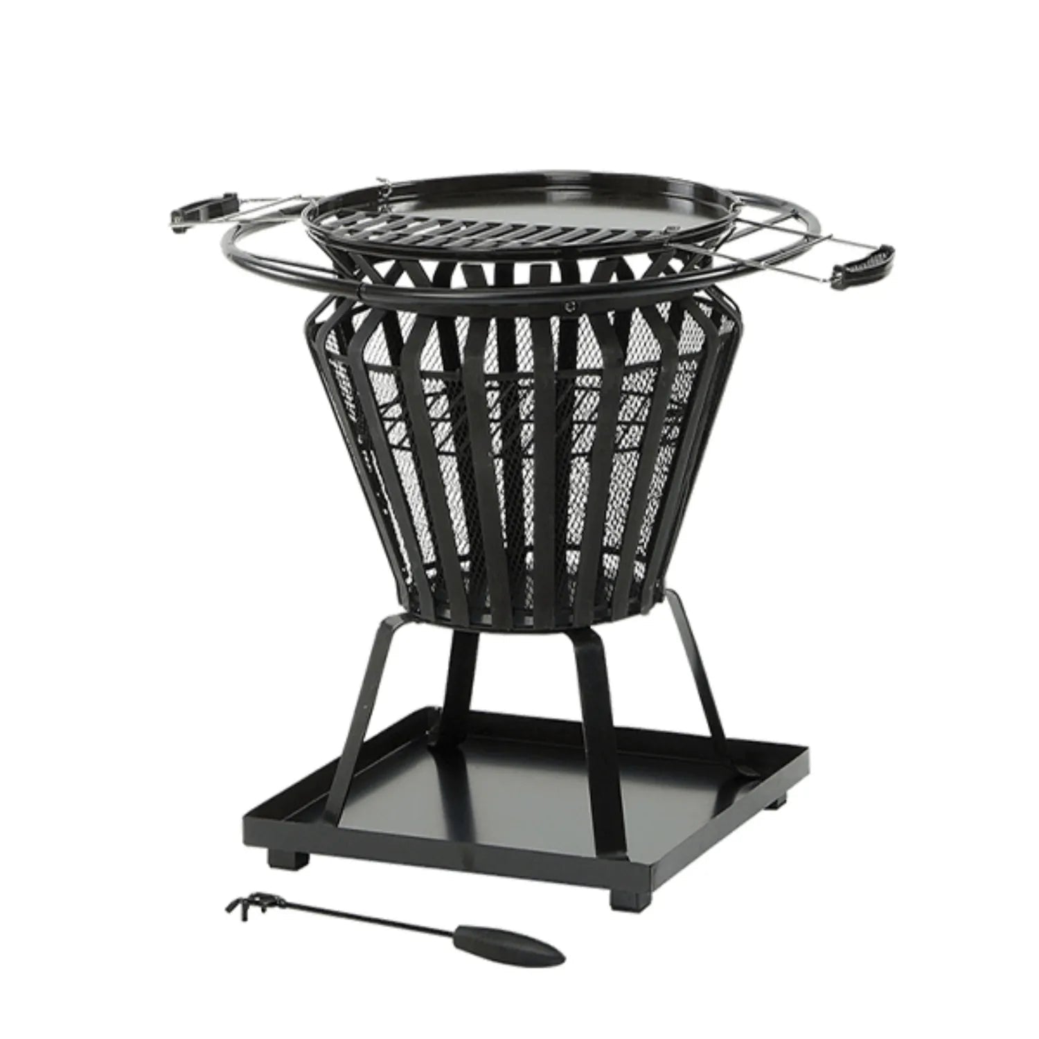 Black metal lifestyle signa firepit brazier with mesh basket design and circular grill top for outdoor cooking