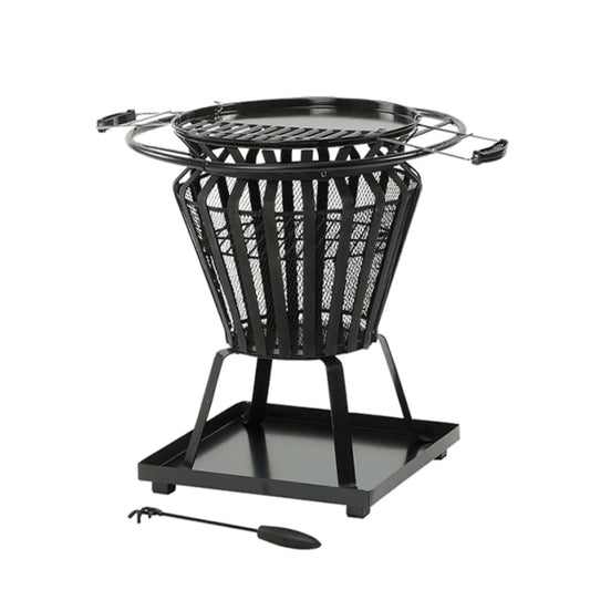 Black metal lifestyle signa firepit brazier with mesh basket design and circular grill top for outdoor cooking