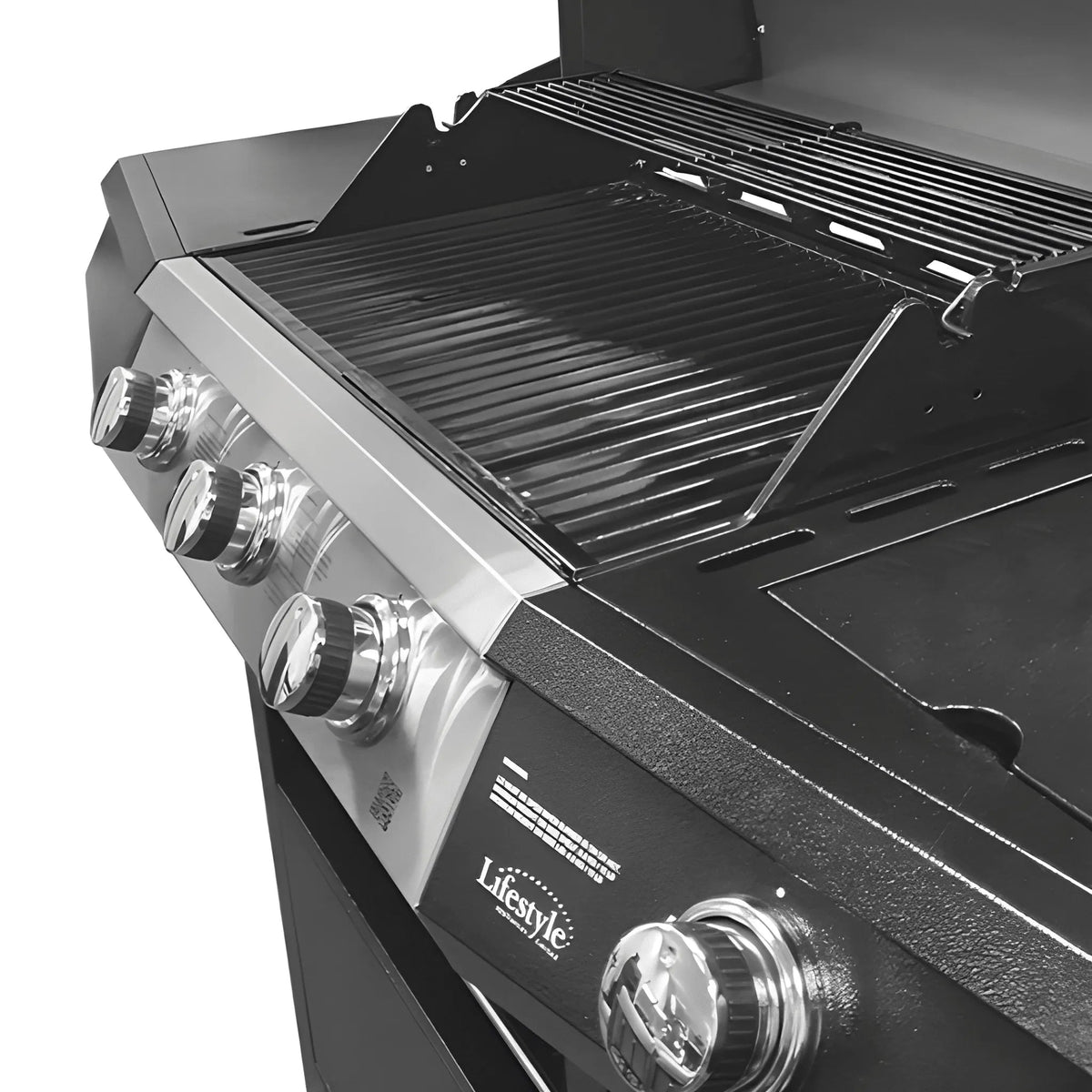 Lifestyle St Vincent 3 plus 1 gas burner bbq in black and stainless steel with four control knobs for outdoor grilling