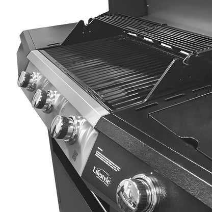 Lifestyle St Vincent 3 plus 1 gas burner bbq in black and stainless steel with four control knobs for outdoor grilling