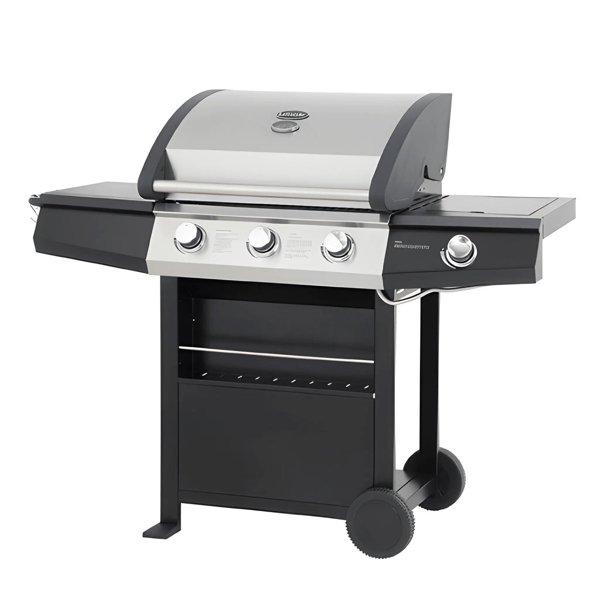 Lifestyle St Vincent 3+1 gas burner black and stainless steel grill with four knobs side shelf storage and wheels