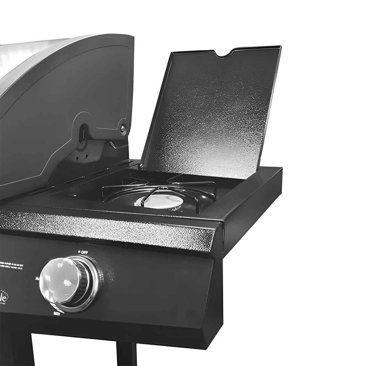 Black Lifestyle St. Vincent gas burner BBQ with a textured lid and control knob for outdoor grilling