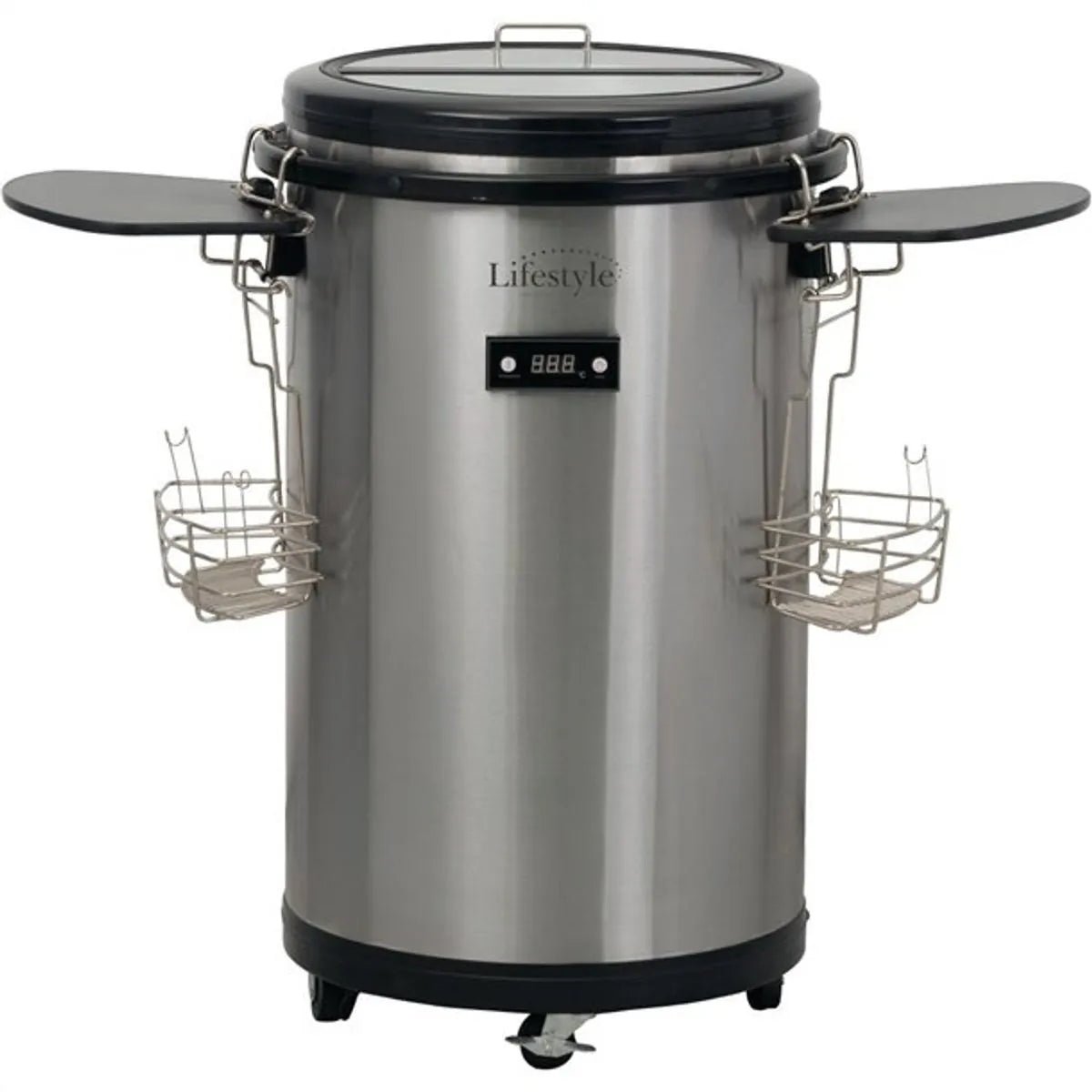 Lifestyle stainless steel electric party cooler with black lid side trays and wire baskets for beverage chilling