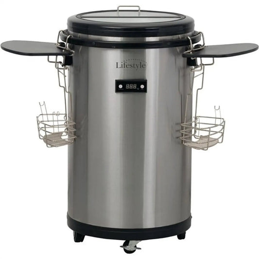 Lifestyle stainless steel electric party cooler with black lid side trays and wire baskets for beverage chilling