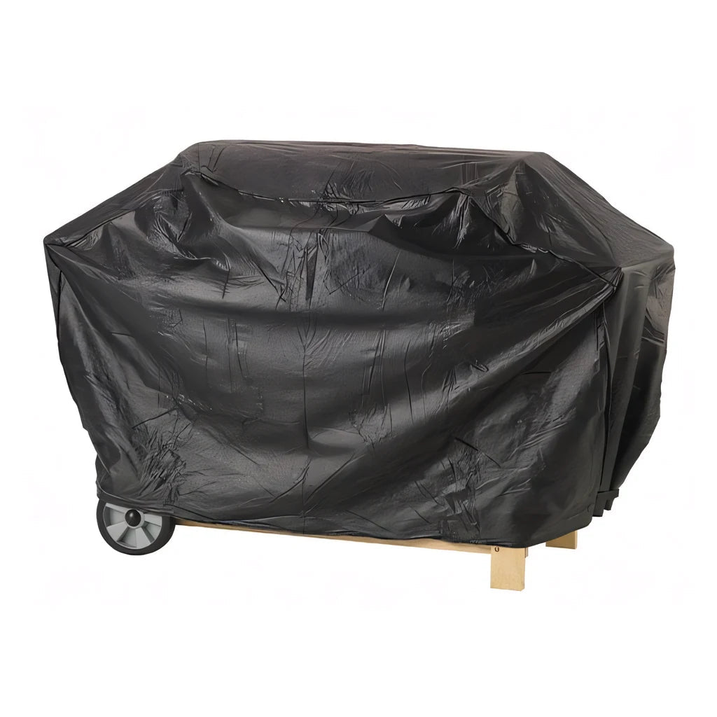 Lifestyle standard 4 burner hooded bbq cover in black durable plastic with glossy finish and reinforced seams