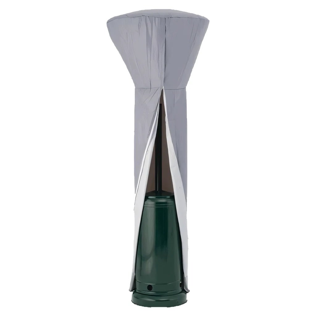 Lifestyle standard patio heater cover lfs852 in gray fabric with white inner lining for outdoor heater protection