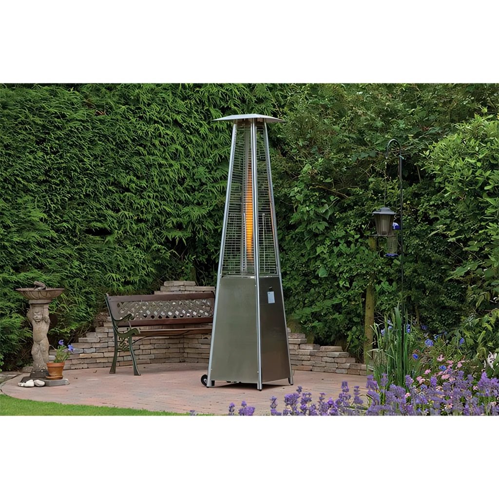 Lifestyle Tahiti II flame patio heater in stainless steel with silver top and glowing heating element inside mesh enclosure