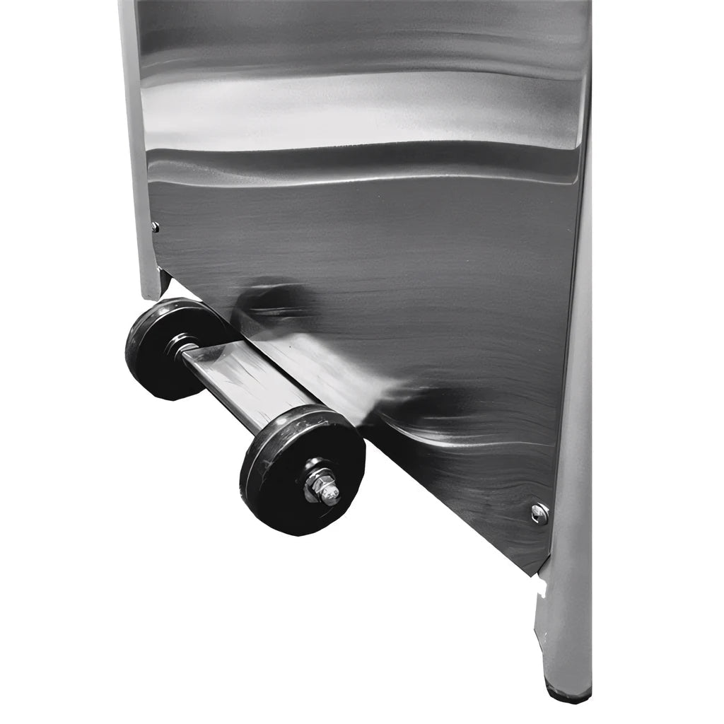 Stainless steel lifestyle tahiti ii flame patio heater with black rubber-wheeled rollers industrial machine detail