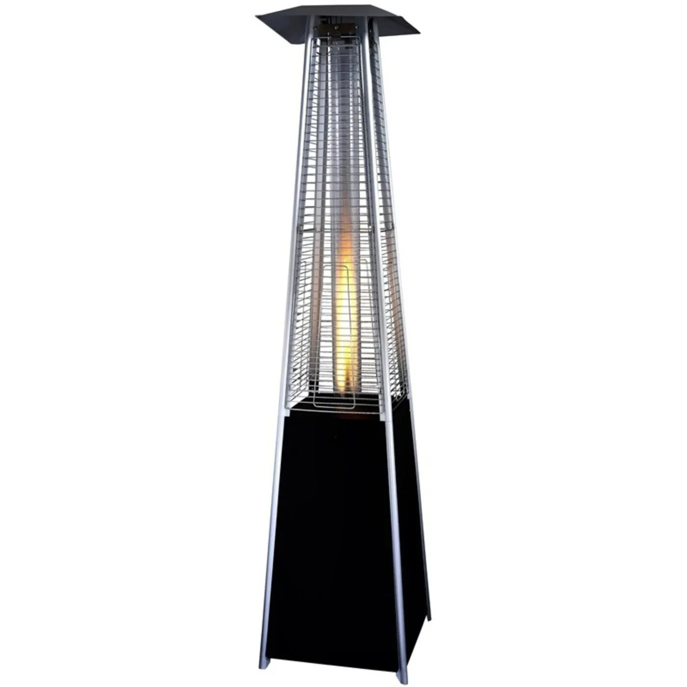 Lifestyle Tahiti II black and silver stainless steel pyramid patio heater with glowing flame inside metal mesh enclosure