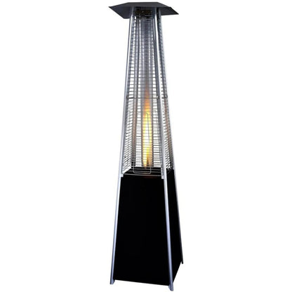 Lifestyle Tahiti II black and silver stainless steel pyramid patio heater with glowing flame inside metal mesh enclosure