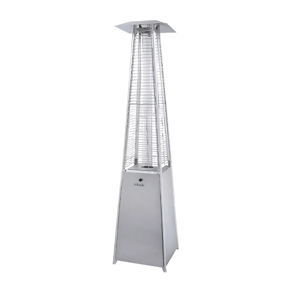 Silver stainless steel lifestyle tahiti II flame patio heater with pyramid shape mesh safety cage and flat top vent