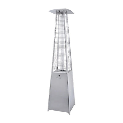 Silver stainless steel lifestyle tahiti II flame patio heater with pyramid shape mesh safety cage and flat top vent