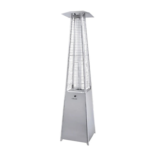 Silver stainless steel lifestyle tahiti II flame patio heater with pyramid shape mesh safety cage and flat top vent