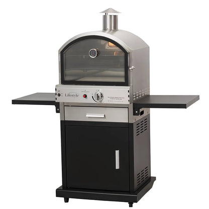 Lifestyle Verona Alfresco gas pizza oven in stainless steel and black with glass door control panel and side shelves