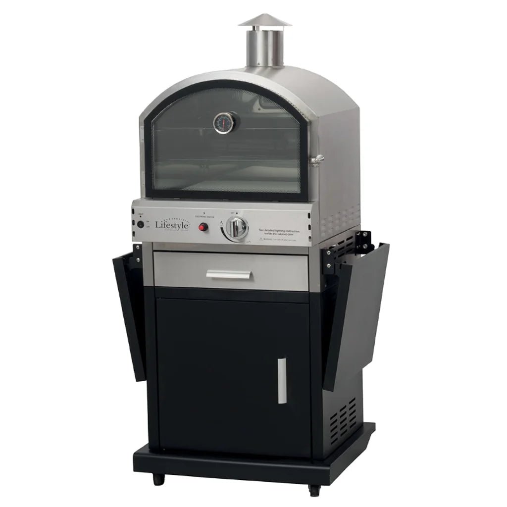 Lifestyle Verona Alfresco gas pizza oven stainless steel and black with glass door control panel and storage cabinet